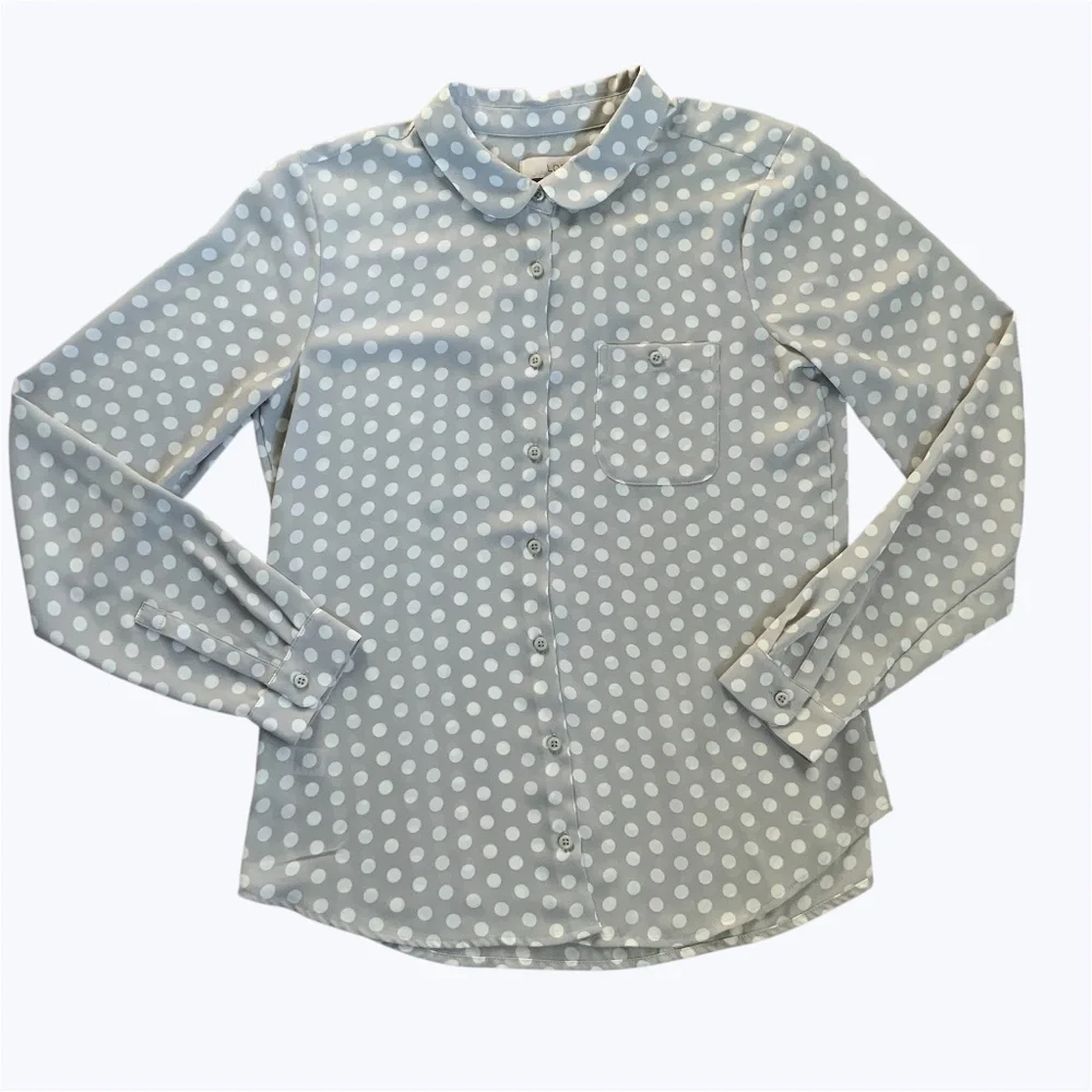 LOFT Grey White Polka Dot Silky Button Front Long Sleeve  Blouse SZ S